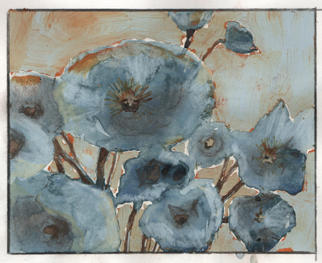 Mixed media painting of indigo poppies using gouache, watercolour and charcoal