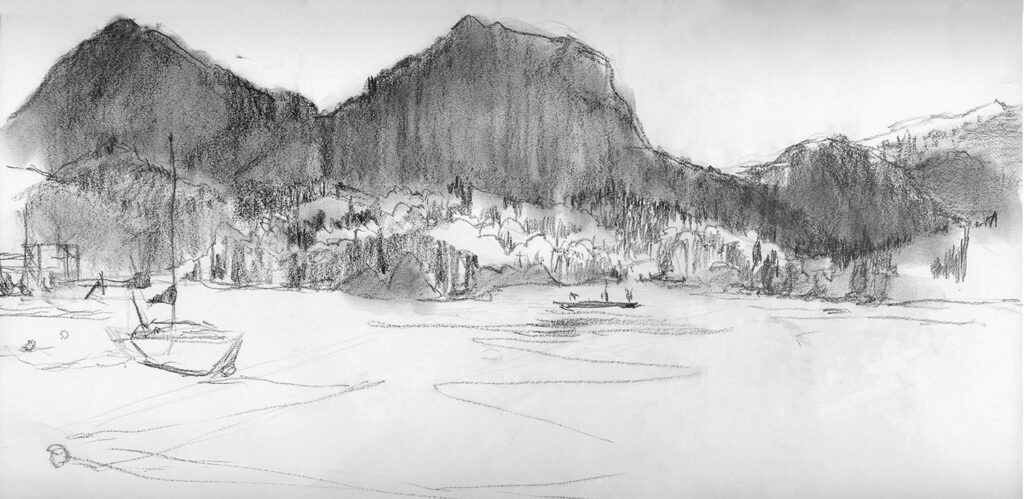 Plien Air pencil sketch of the view of Gambier Island from Hopkins Beach on the Sunshine Coast of BC