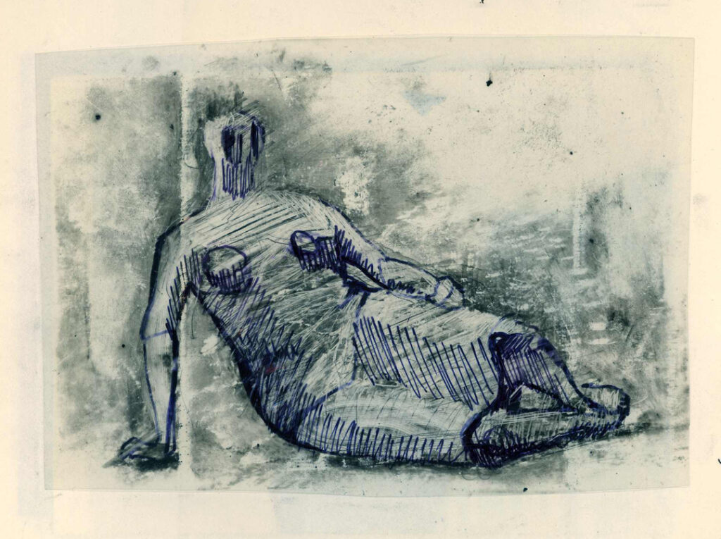 Plien Air Ink Drawing of Draped Reclining Woman by Henry Moore at the Sainsbury Centre Sculpture Park in Norwich