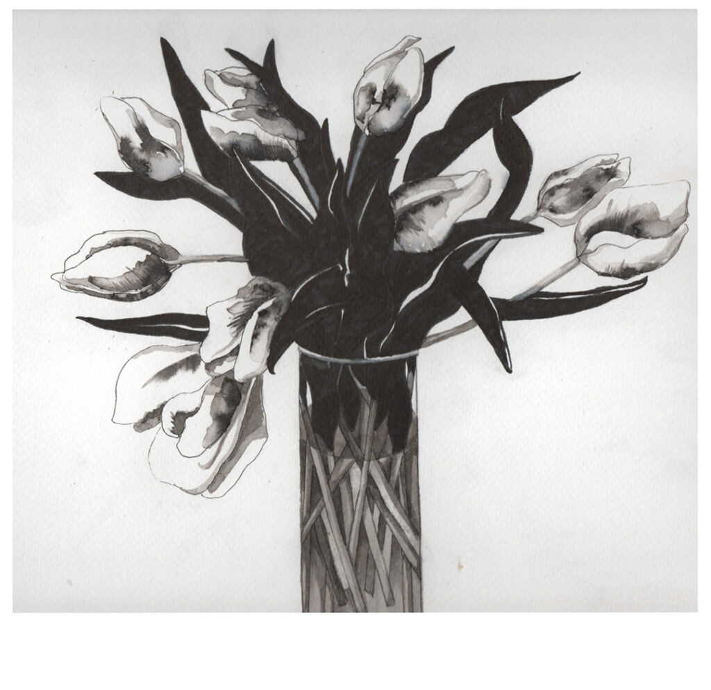 India Ink painting of a vase full of tulips