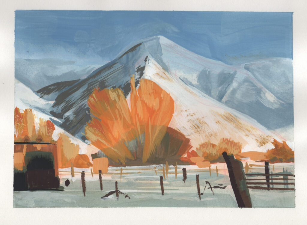 Landscape painting of mountain using gouache