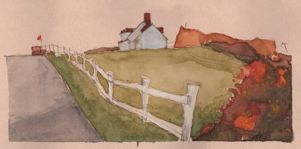 Watercolour of Gaspe heritage house on Parc national de l’Île-Bonaventure-et-du-Rocher-Percé