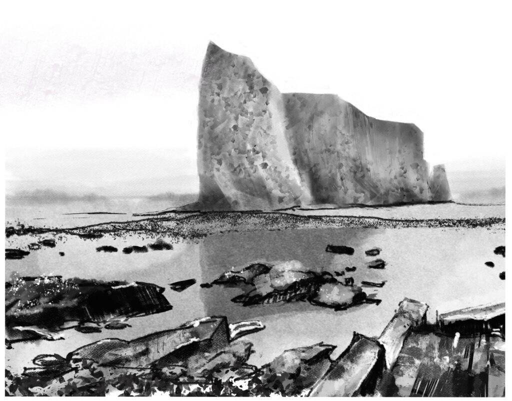 Procreate black and white sketch of the Perce Rock in the Gaspe Peninsula