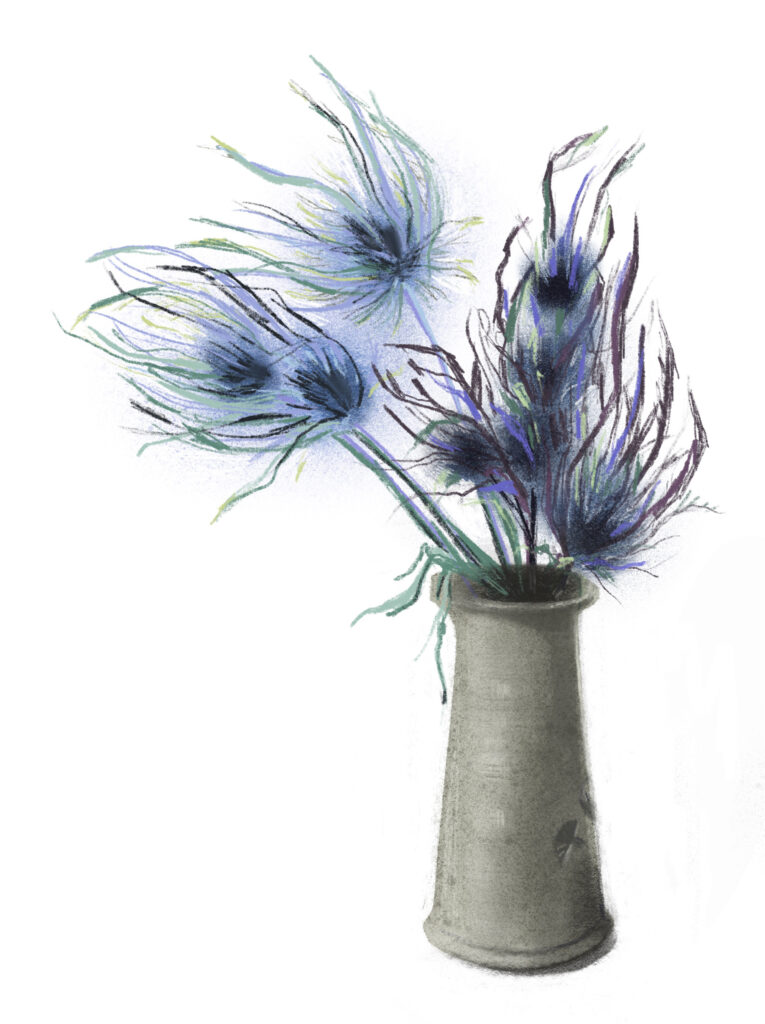 Procreate coloured drawing of dried blue flowers in a pottery vase