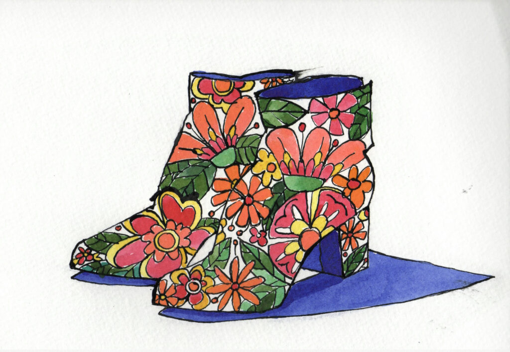 Pen and Ink drawing of sixties flowers on a pair of Chelsea boots