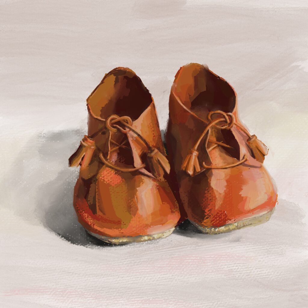 Procreate oil painting of small brown baby shoes with tassel laces