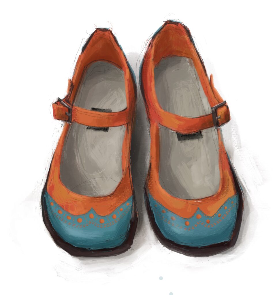 Procreate painting of orange and blue saddle shoes