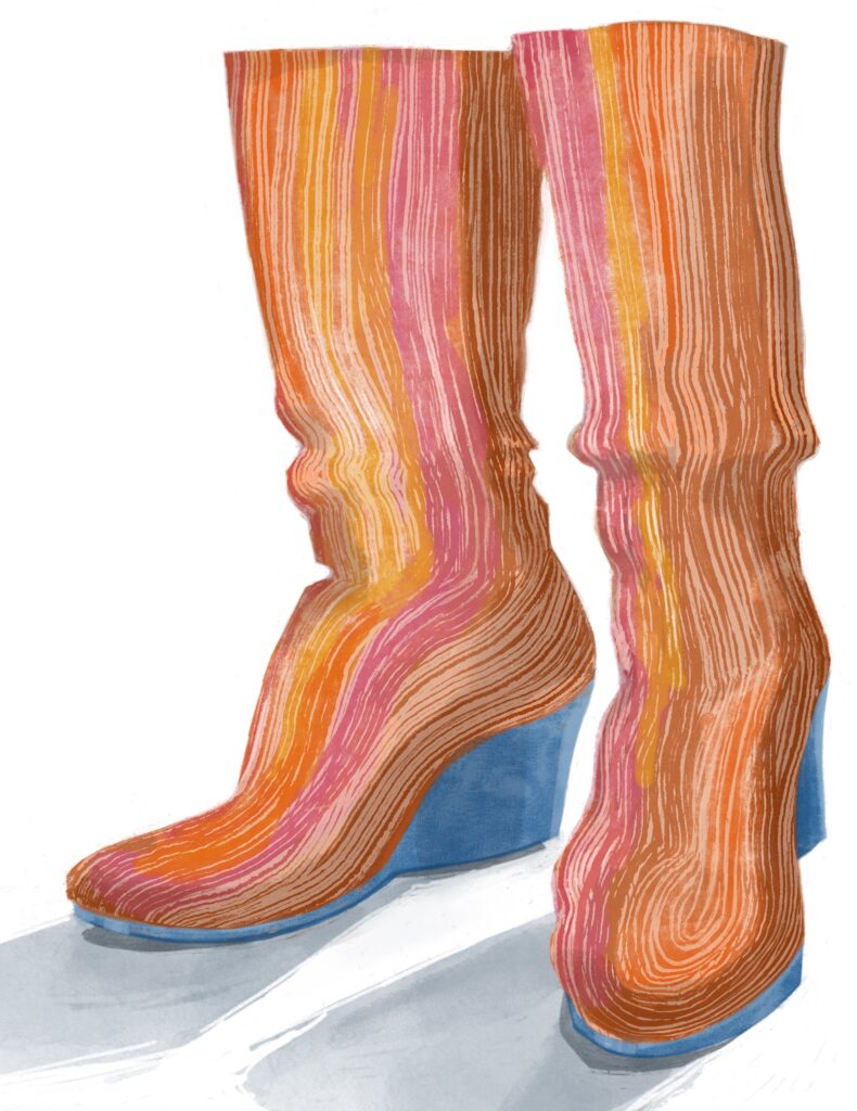 Procreate drawing of orange striped wedge heeled boots