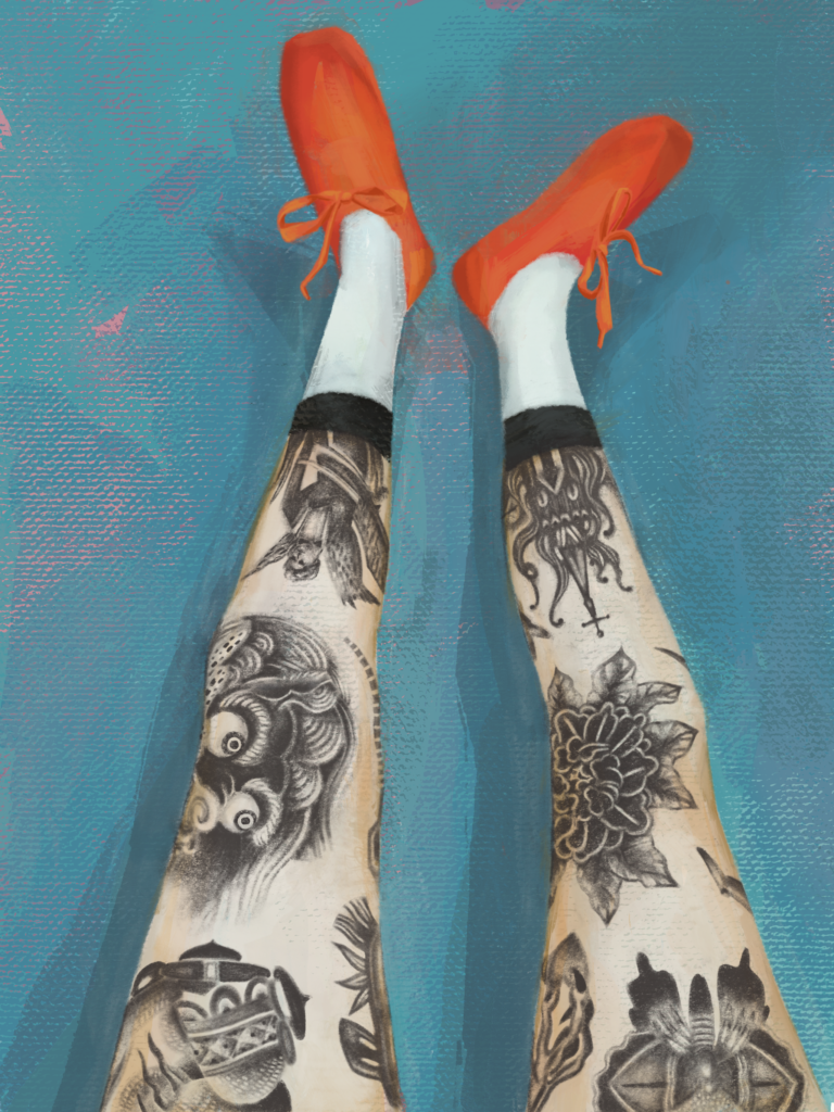 Procreate drawing of long tattooed legs with orange shoes and white socks