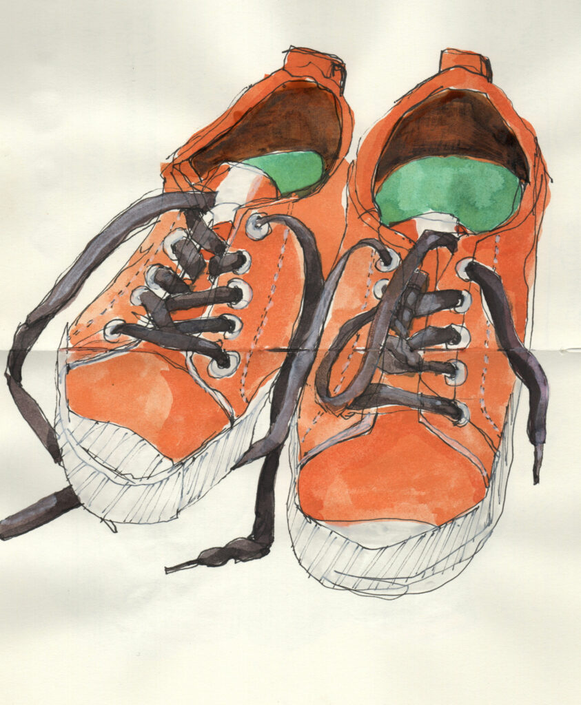 Pen and ink sketch of orange canvas ocalow cariuma shoes